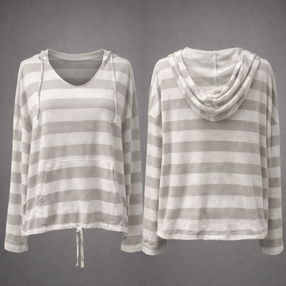 SO Lounge Life Hoodie Womens Large Gray White Striped Cropped Pullover JG93A032R